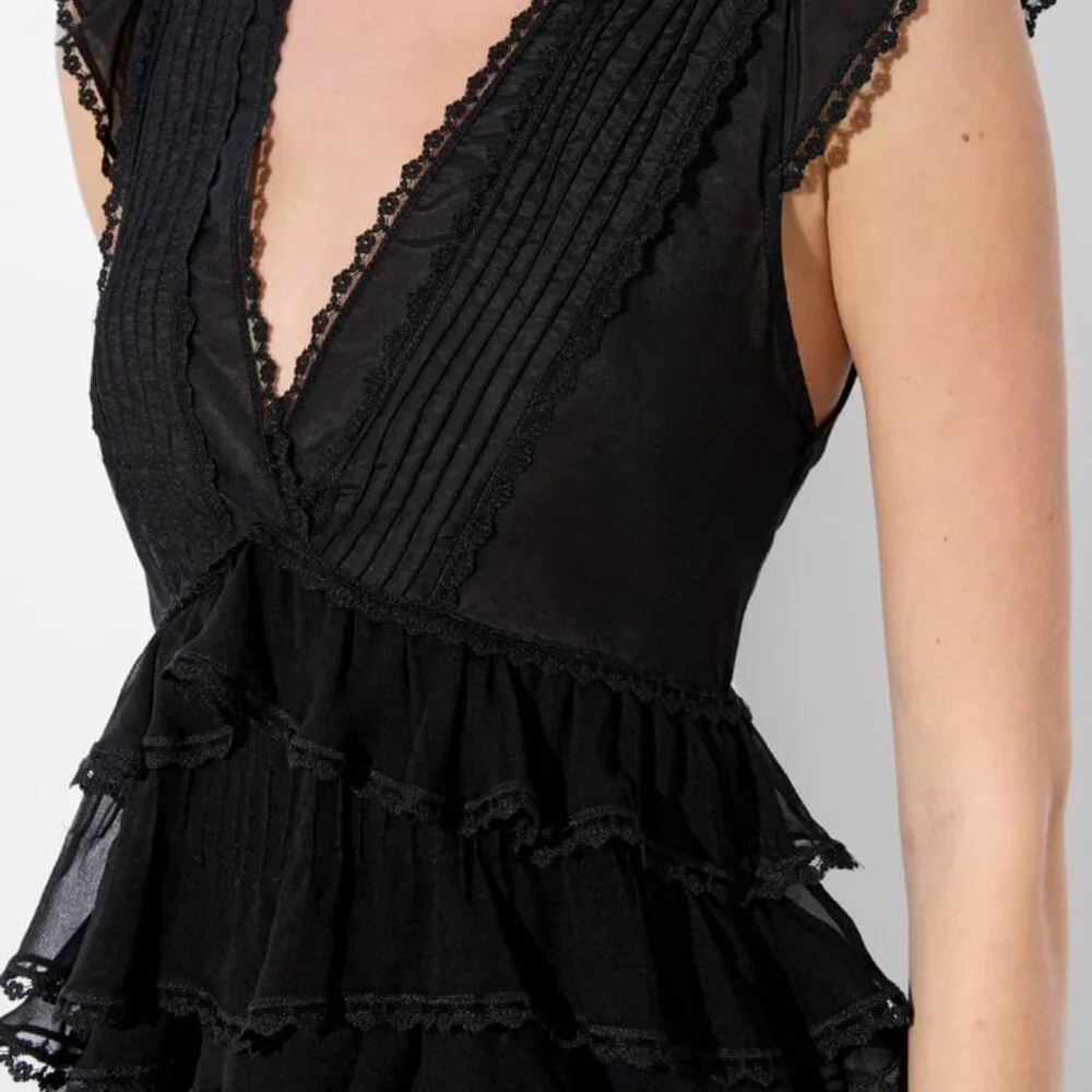 S Alice + Olivia Blanche V Neck Ruffle Silk-Blend Swing Top Women's Black NWTs - Picture 3 of 3